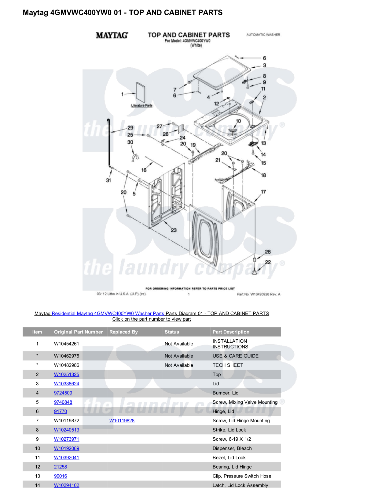 Maytag 4GMVWC400YW0 Parts Diagram