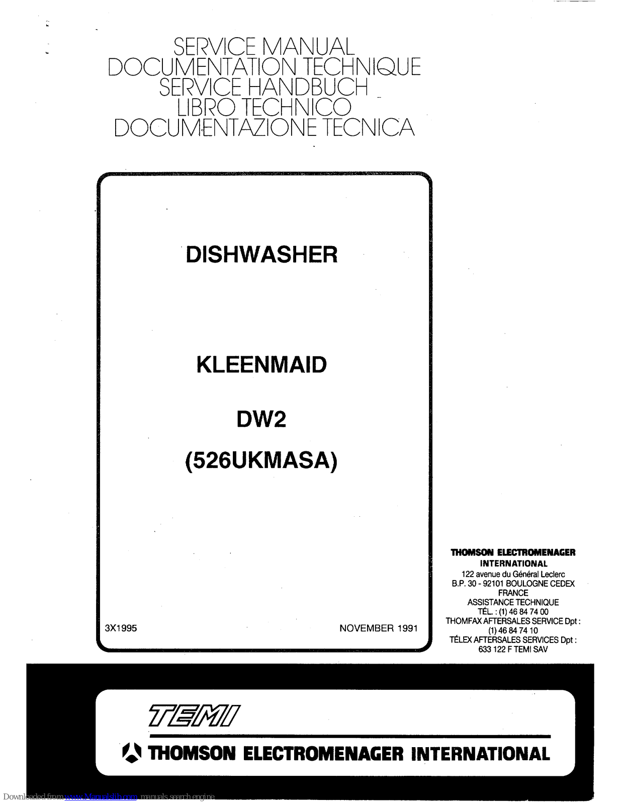 THOMSON Kleenmaid 526UKMASA, Kleenmaid DW2 Service Manual