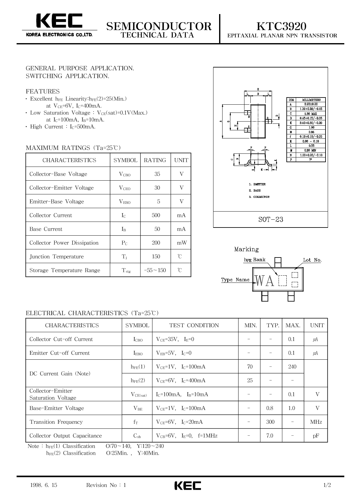 KEC KTC3920 Datasheet