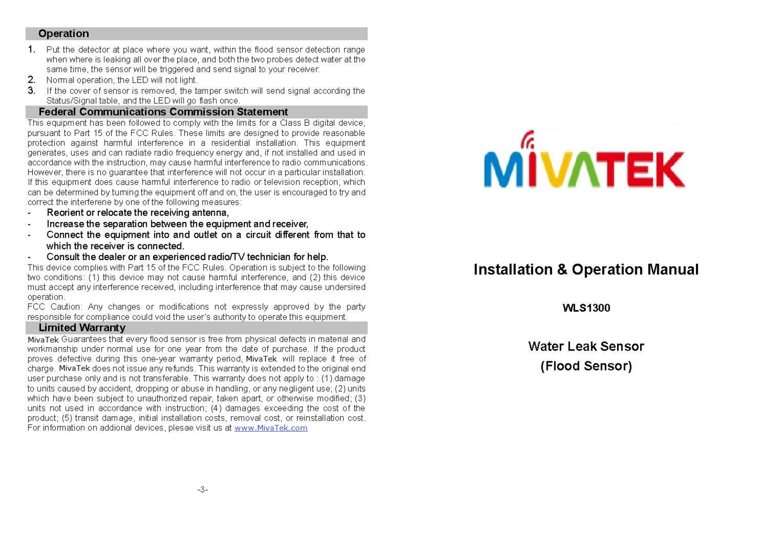 MivaTek WLS01 Users Manual