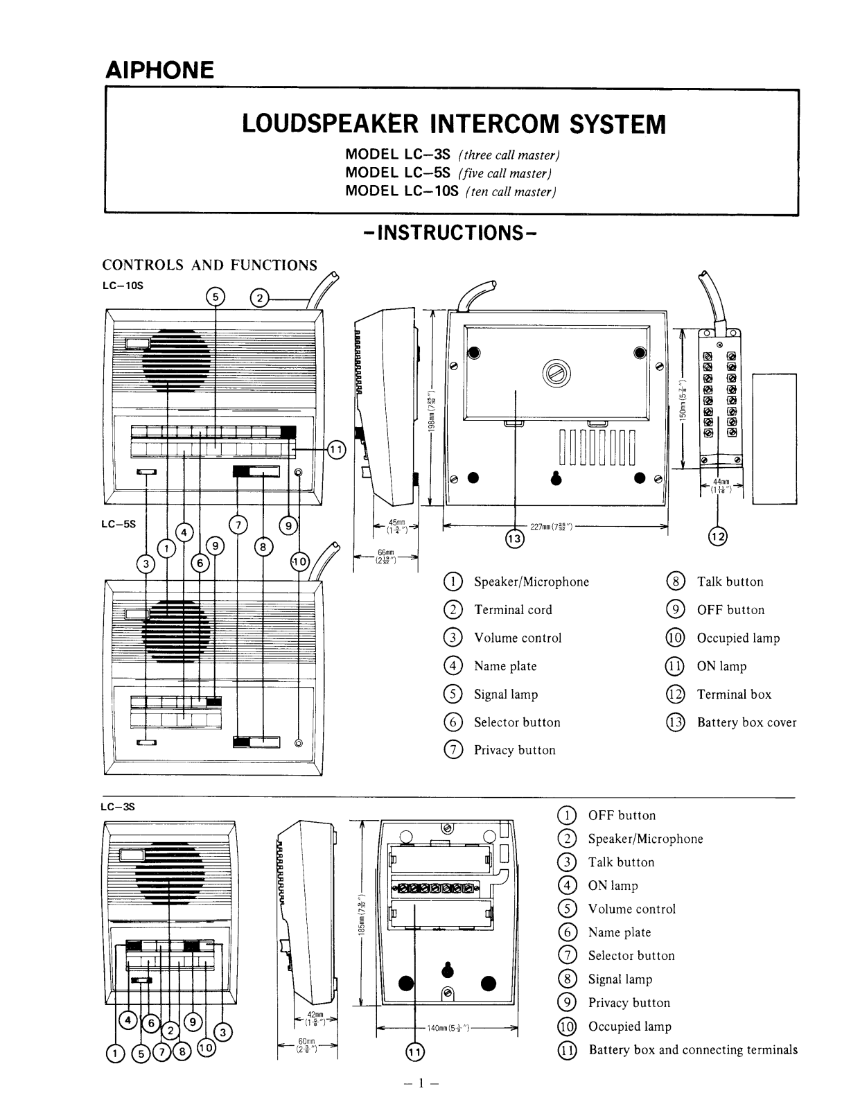 Aiphone LC-3S, LC-10S User Manual