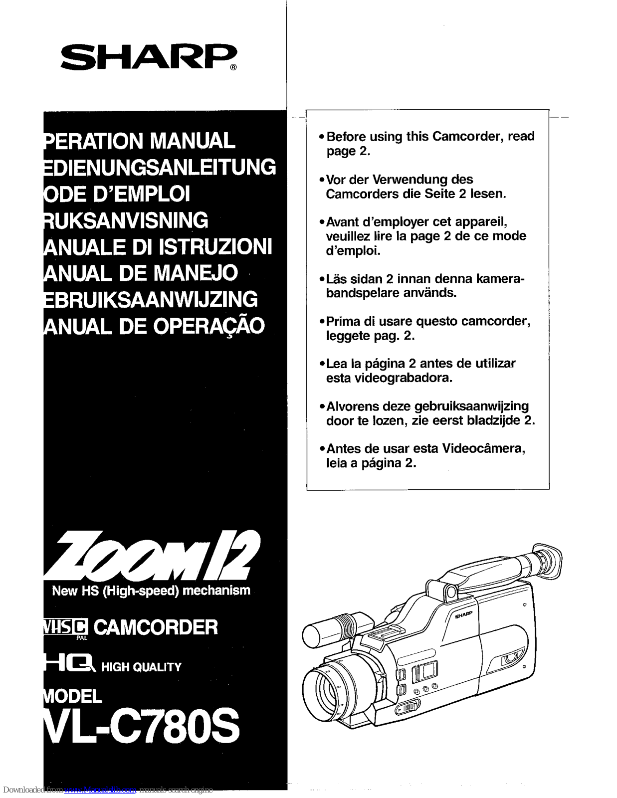 Sharp VL-C780S,Zoom 12 VL-C780S Operation Manual