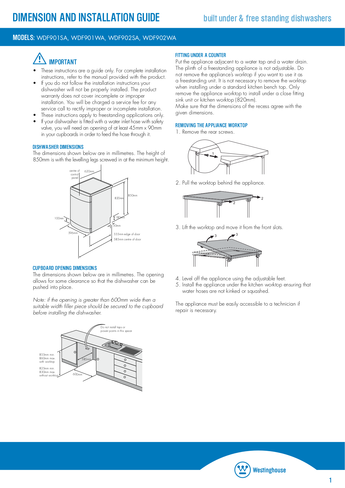 Westinghouse WDF901SA, WDF901WA, WDF902SA, WDF902WA Installation Manual