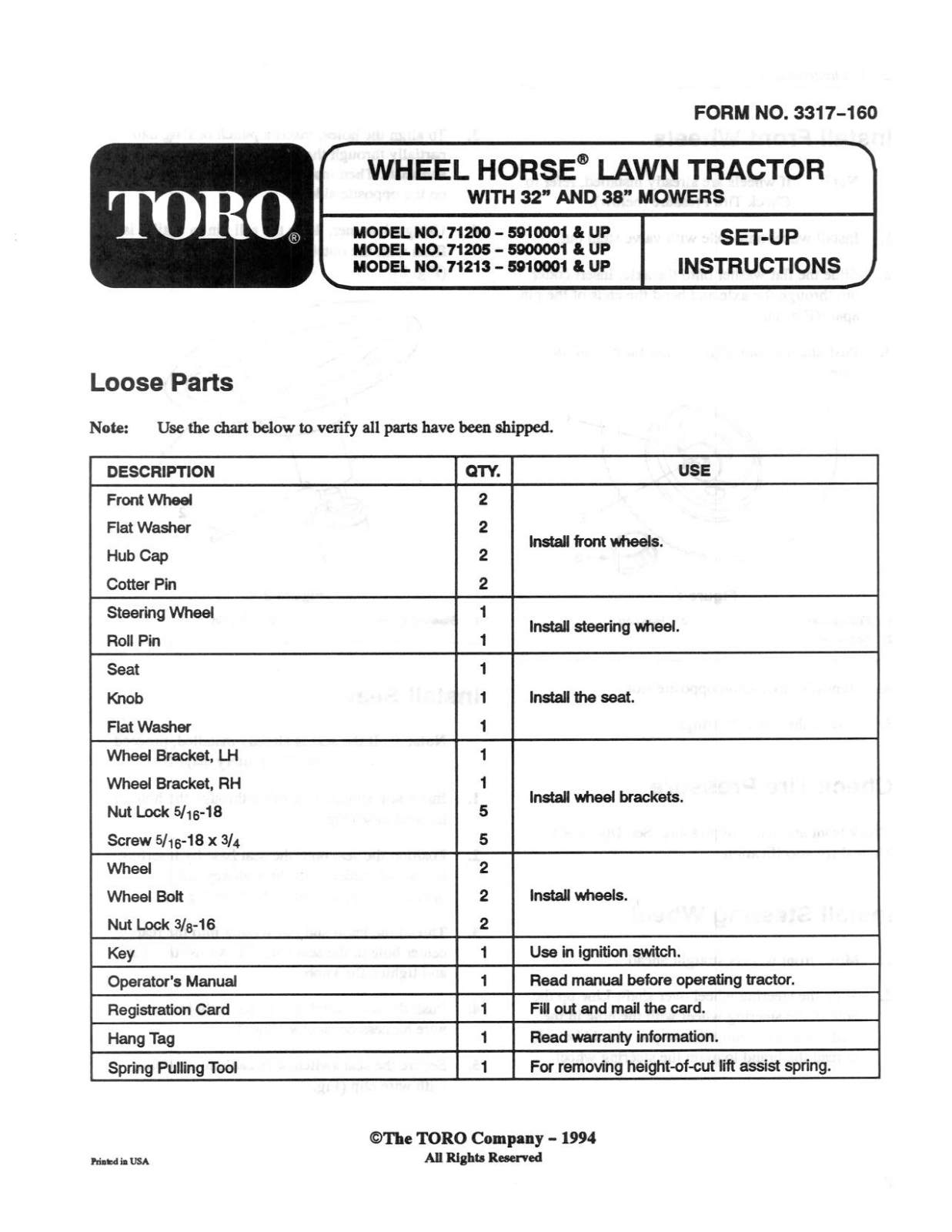 Toro 71200, 71213 Setup Instructions