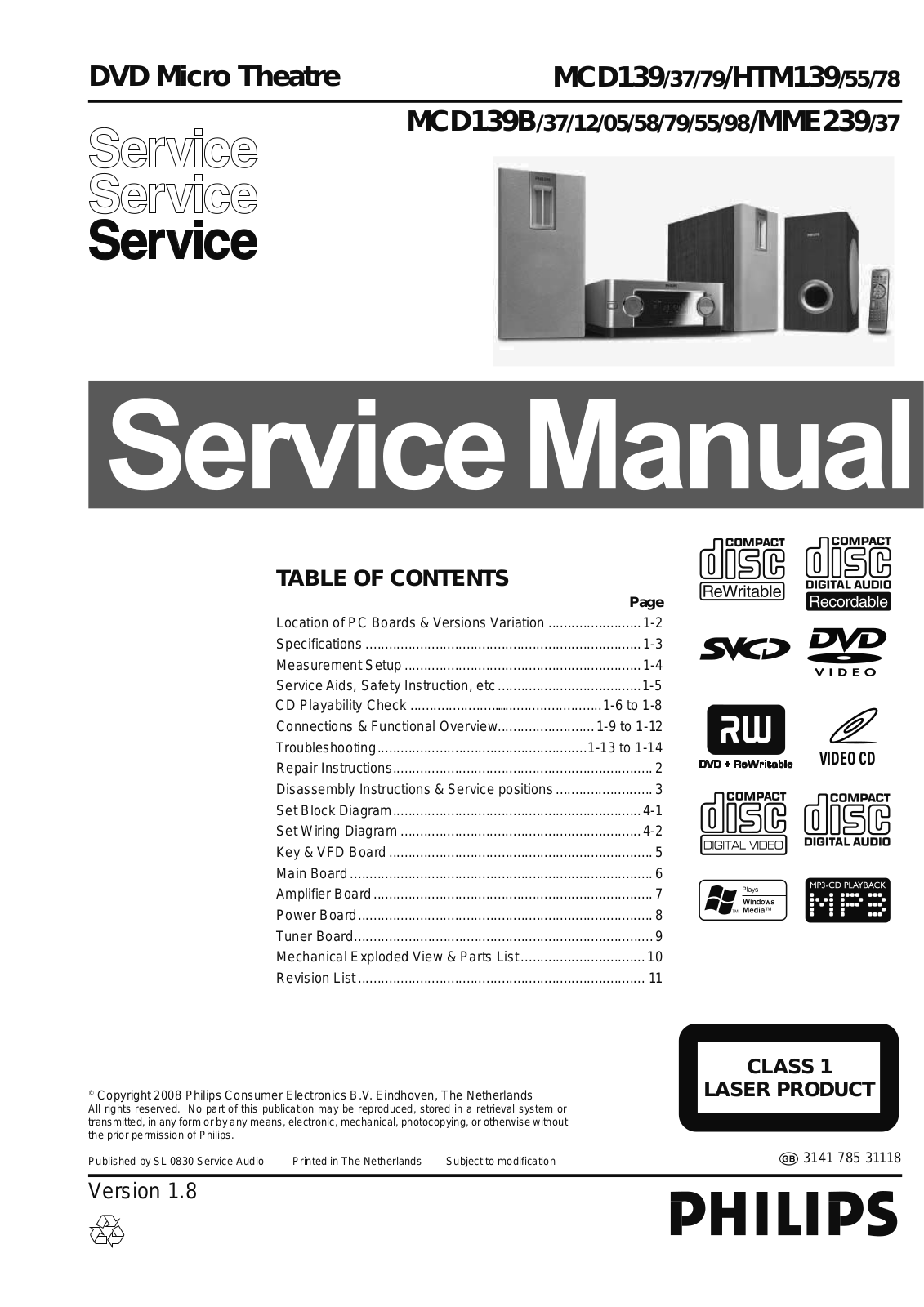 Philips MCD139-37, MCD139-79, HTM139-55, HTM139-78, MCD139B-37 Service Manual