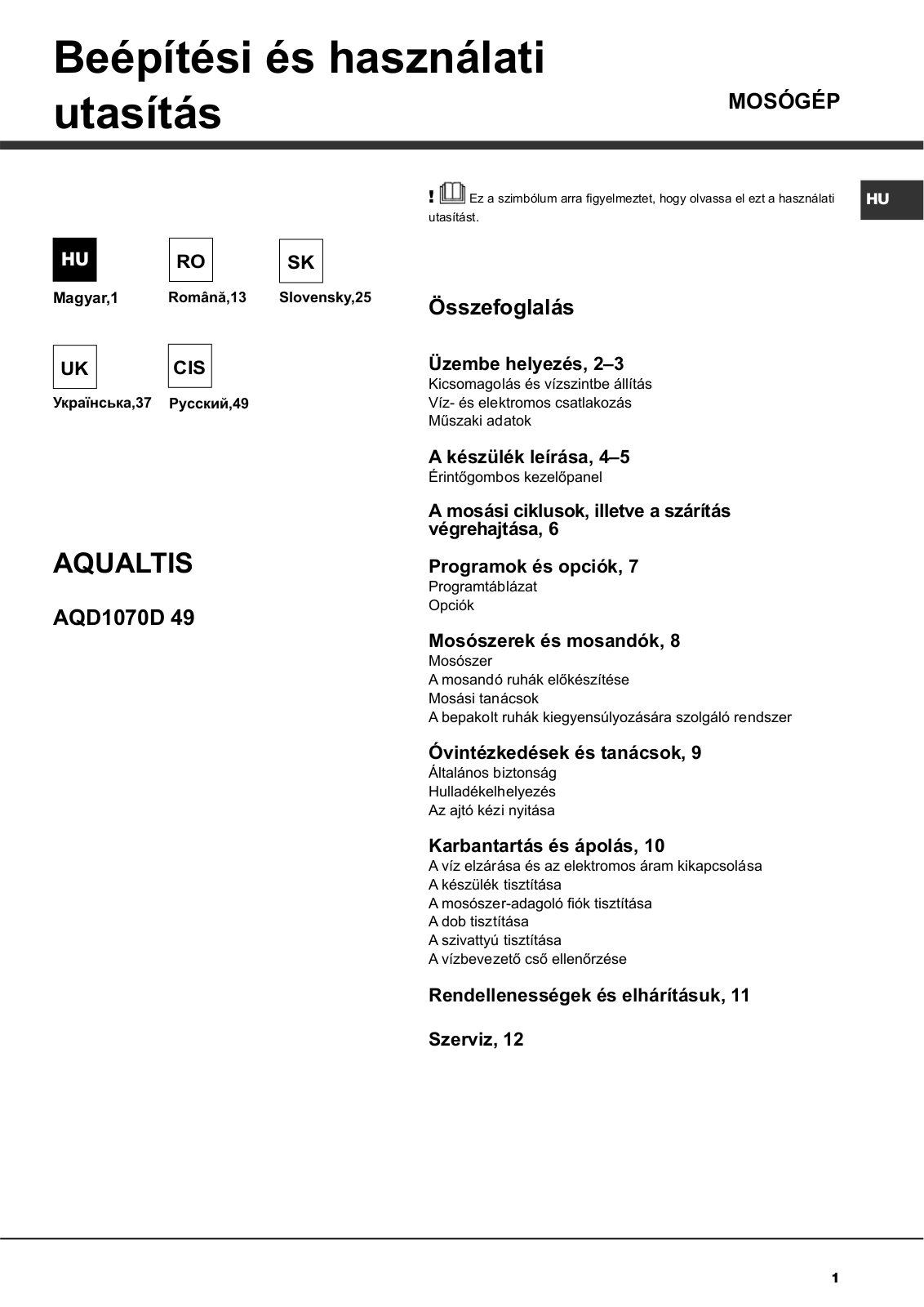 Hotpoint-Ariston AQD 1070 D 49 User manual