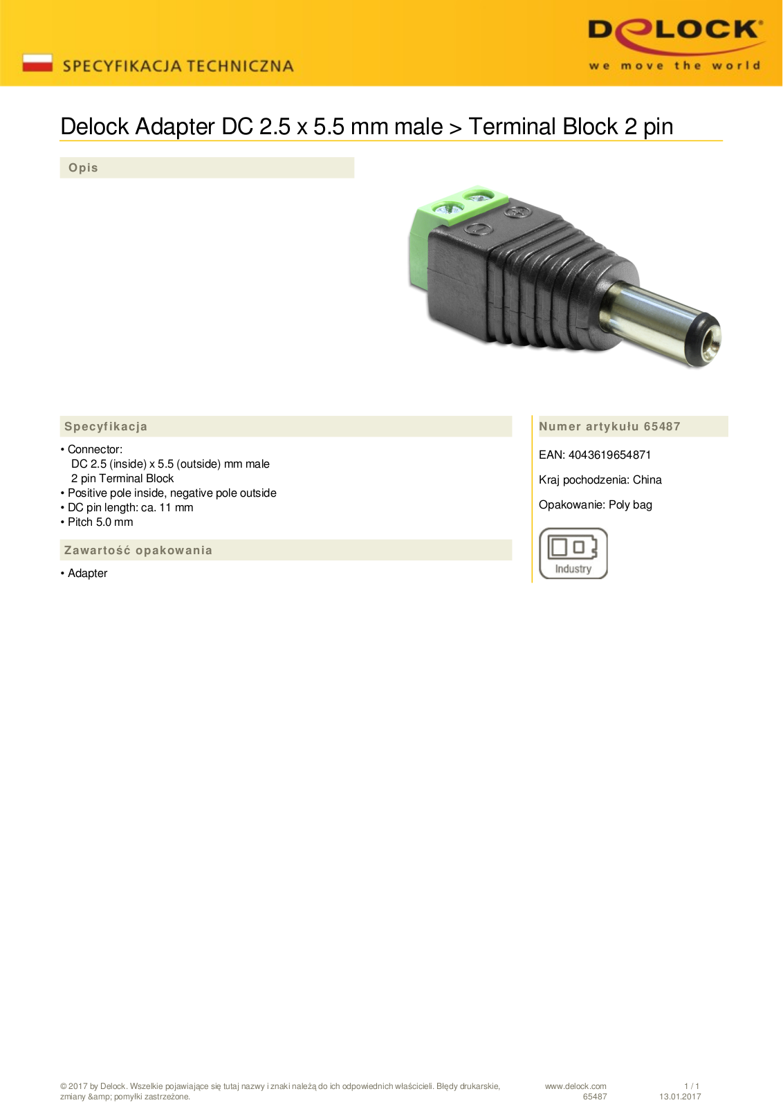 DeLOCK Terminalblock adapter, 2-Pin on 2.5-5.5mm barrel connector User Manual