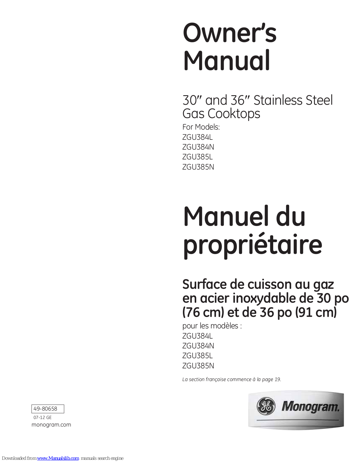 Monogram ZGU384L, ZGU384N, ZGU385L, ZGU385N Owner's Manual