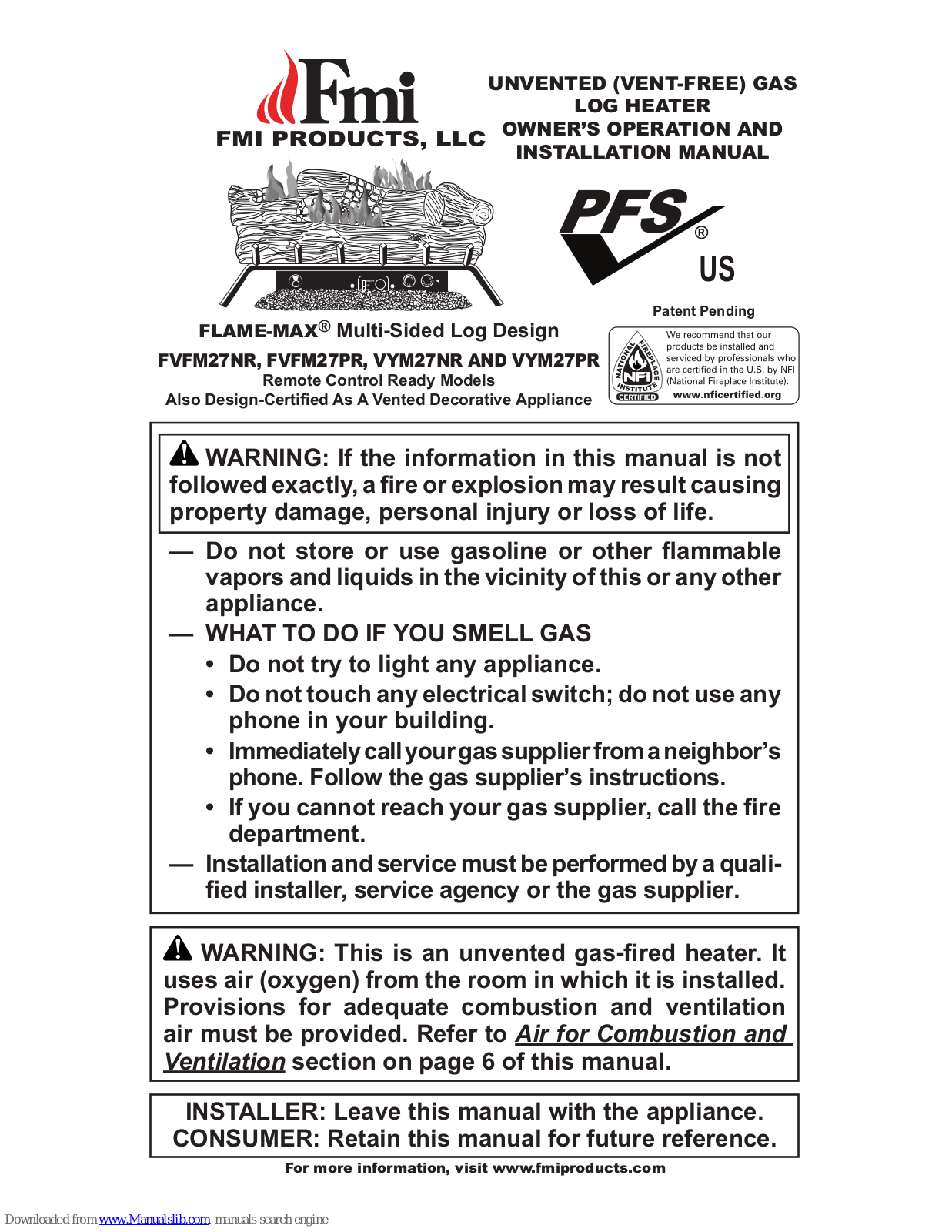 FMI FVFM27NR, VYM27NR, VYM27P, FVFM27PR Owner's Operation And Installation Manual