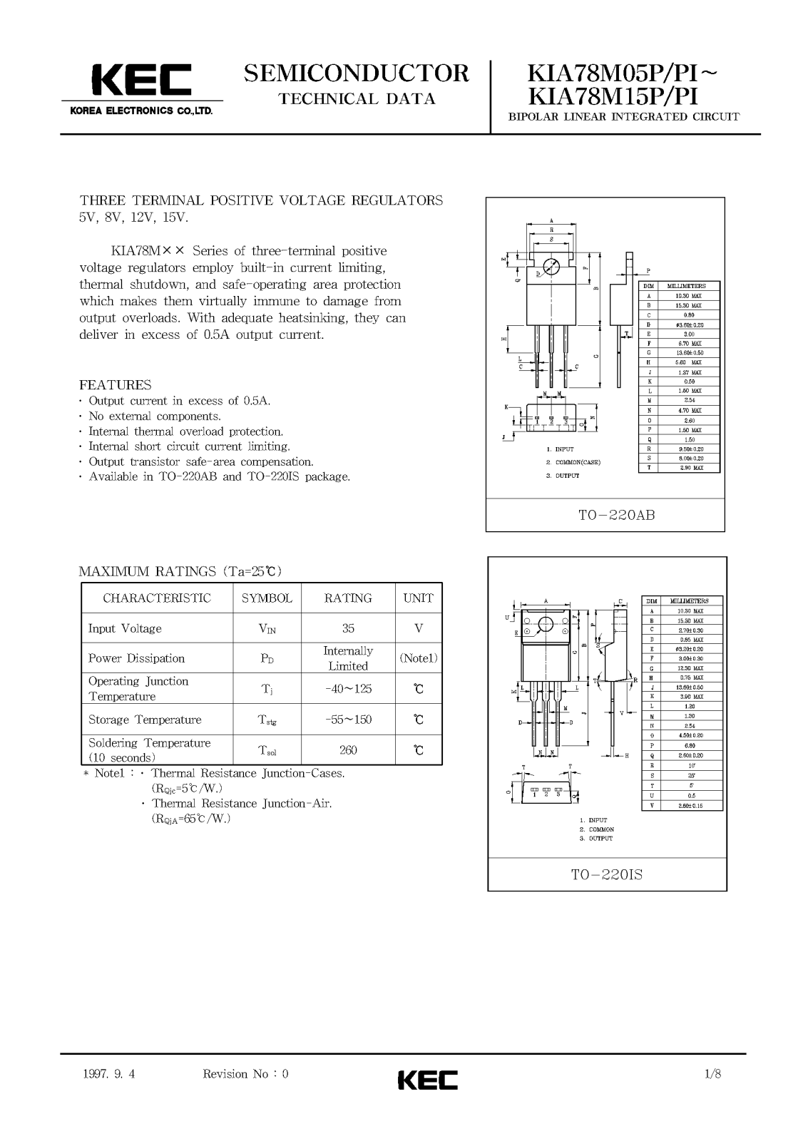 KEC KIA78M15PI, KIA78M15P, KIA78M12PI, KIA78M12P, KIA78M08PI Datasheet