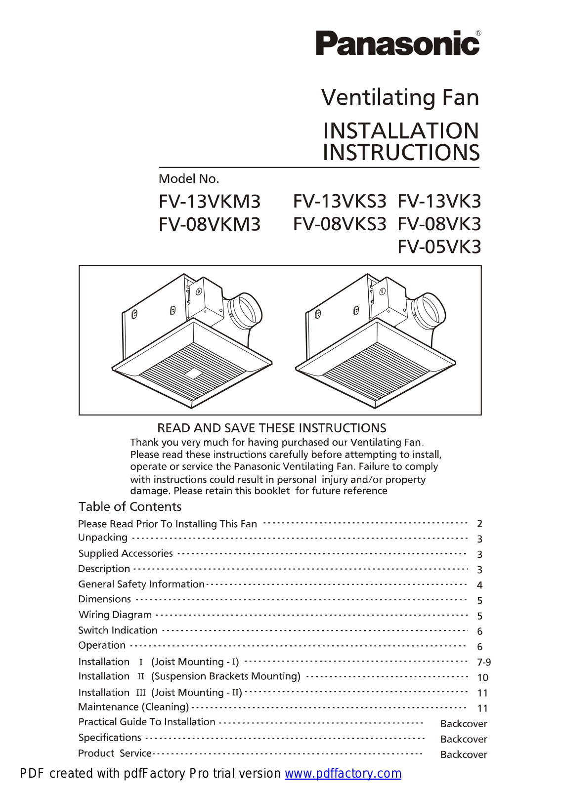 Panasonic fv-xxvkm3, fv-xxvks3, fv-xxvk3 Operation Manual