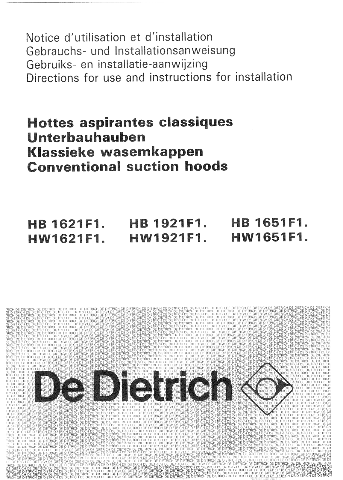 De dietrich HB1621F1, HB1921F12, HB1921F1, HB1651F14, HW651F1 User Manual