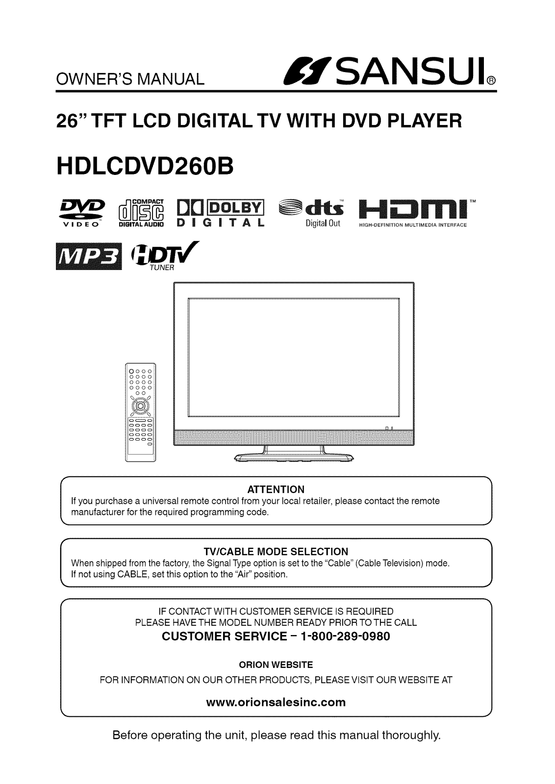 Sansui HD-LCD-VD260-B Owners Manual