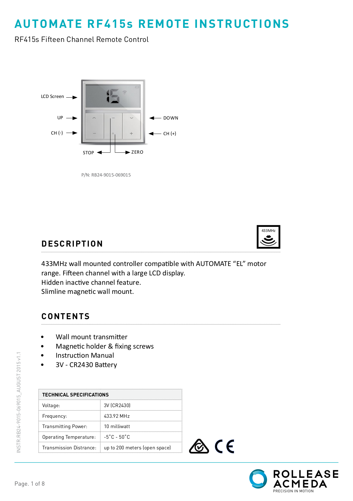 rollease acmeda RF415s Instruction Manual