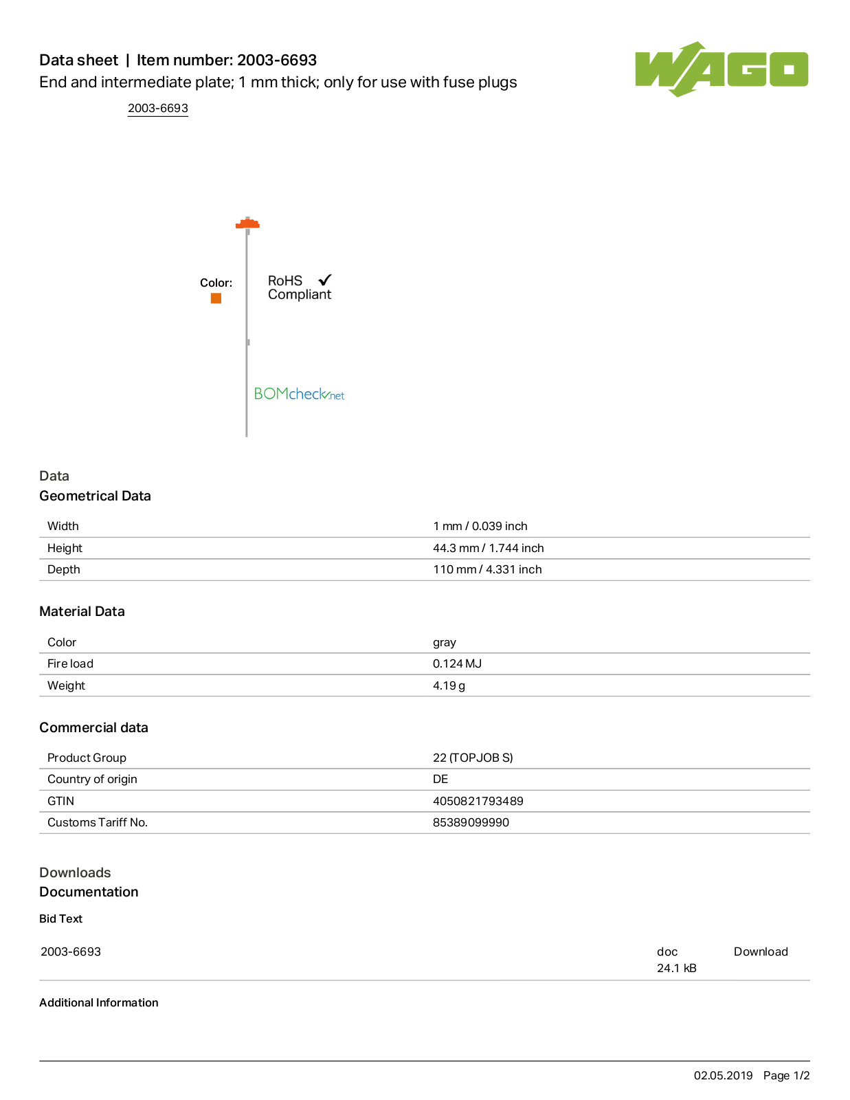 Wago 2003-6693 Data Sheet