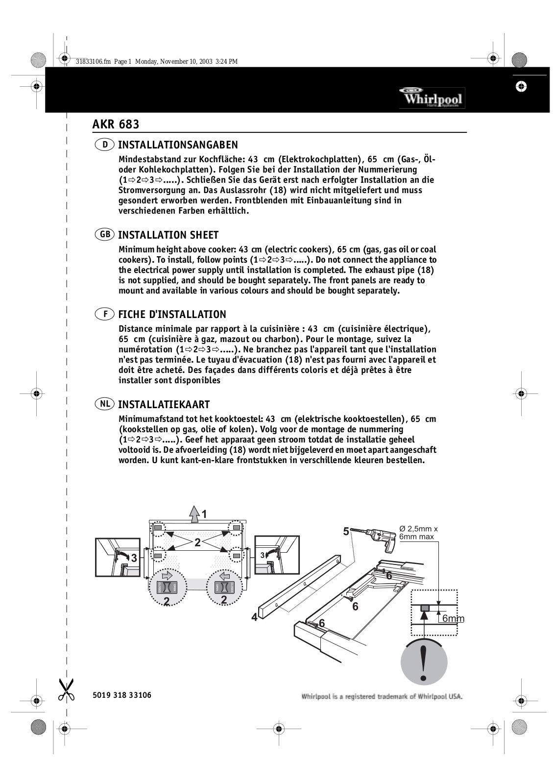 Whirlpool AKR 683 GY-1 PROGRAM CHART