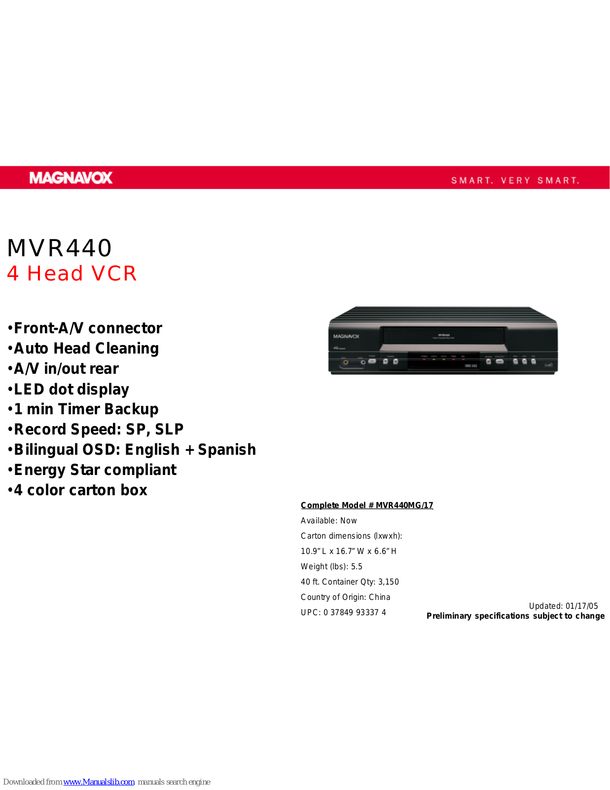 Magnavox MVR440, MVR440MG, MVR440MG/17 Specifications