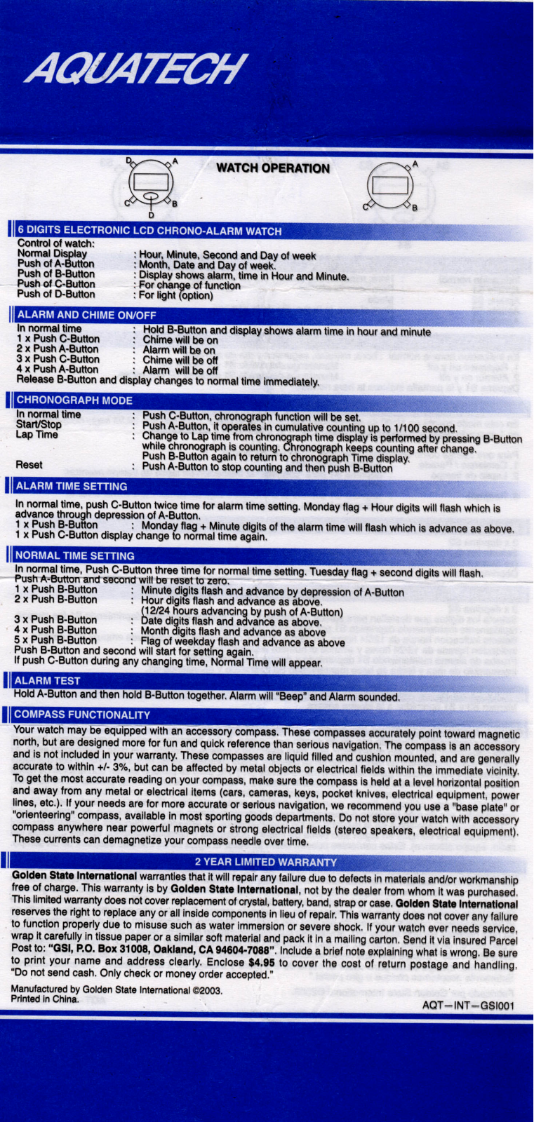 Golden State International AQUATECH DIGITALS User Manual