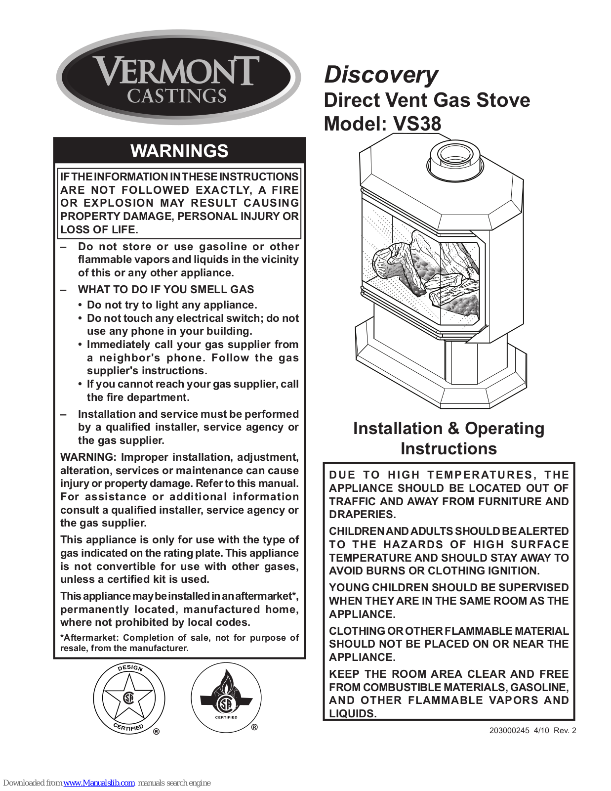 Vermont Castings Discovery VS38 Installation & Operating Instructions Manual