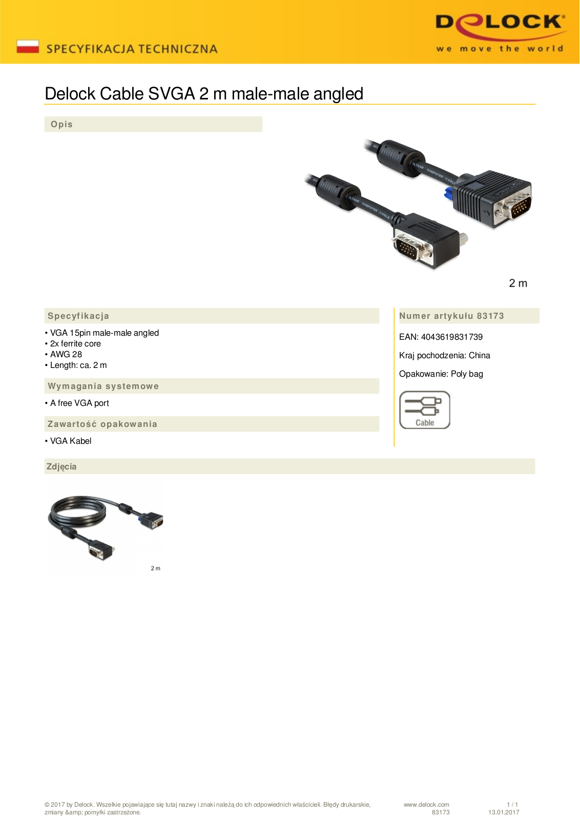 DeLOCK SVGA plug-plug cable angled 2m User Manual