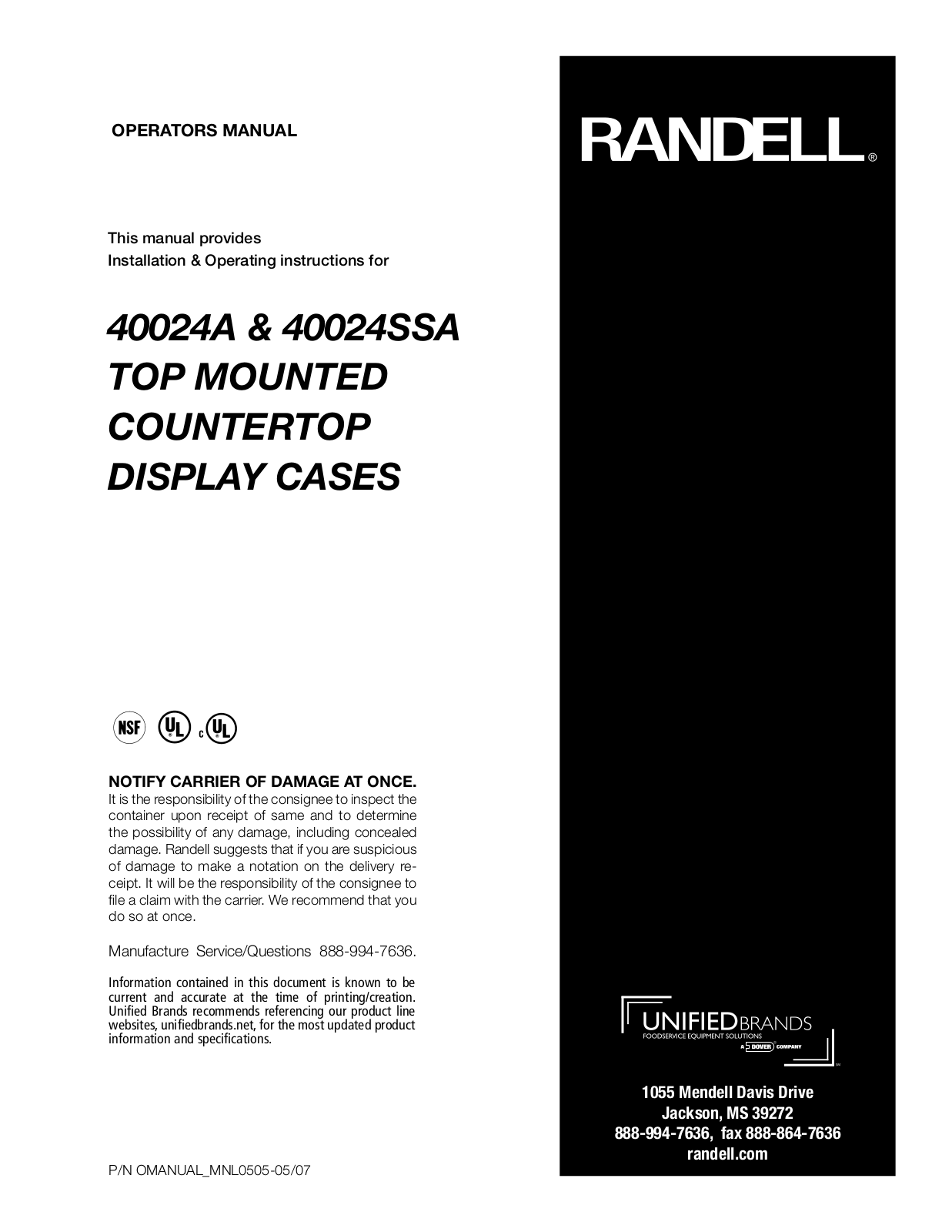 Randell 40024A, 40024SSA Operators Manual