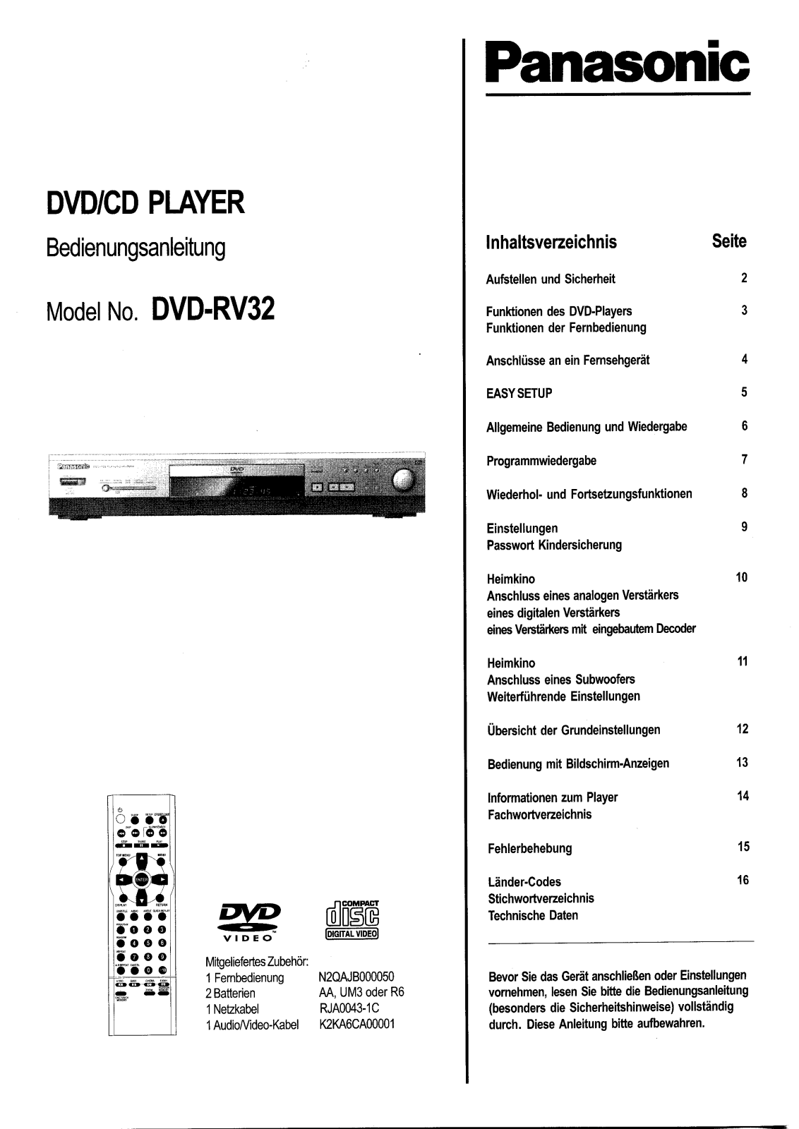 Panasonic DVD-RV32 User Manual