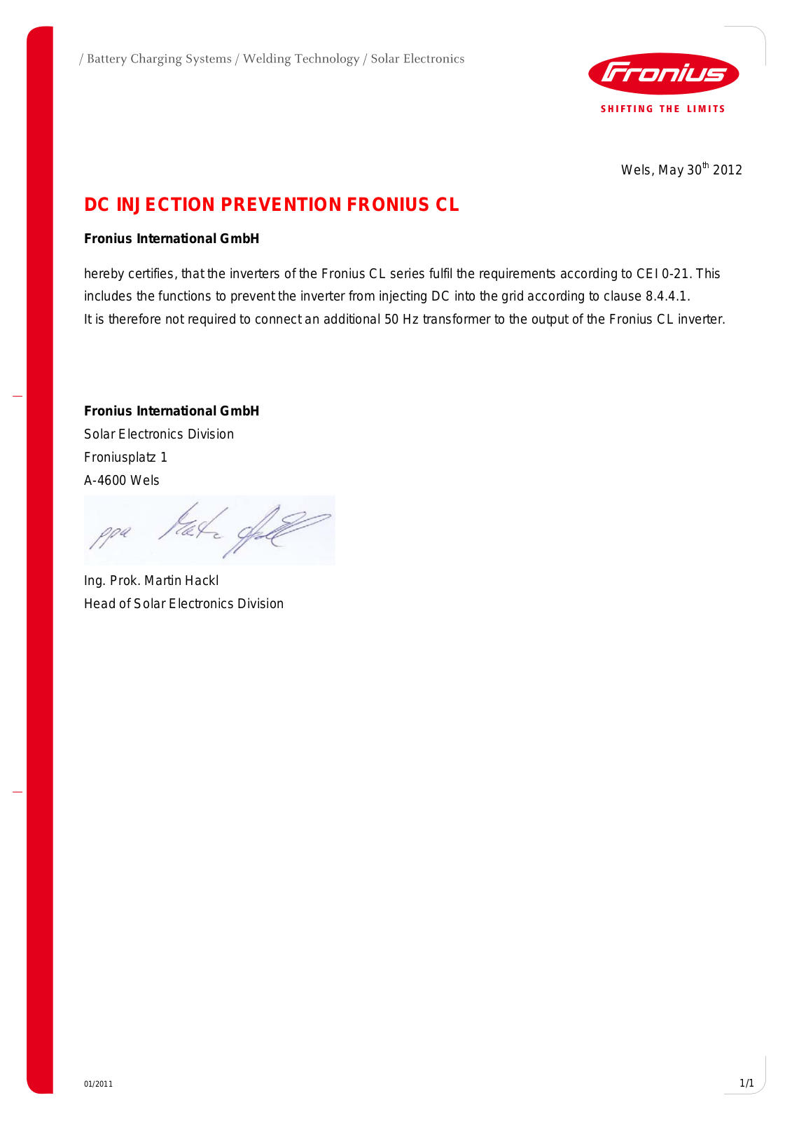 Fronius DC injection prevention Fronius CL Certificate