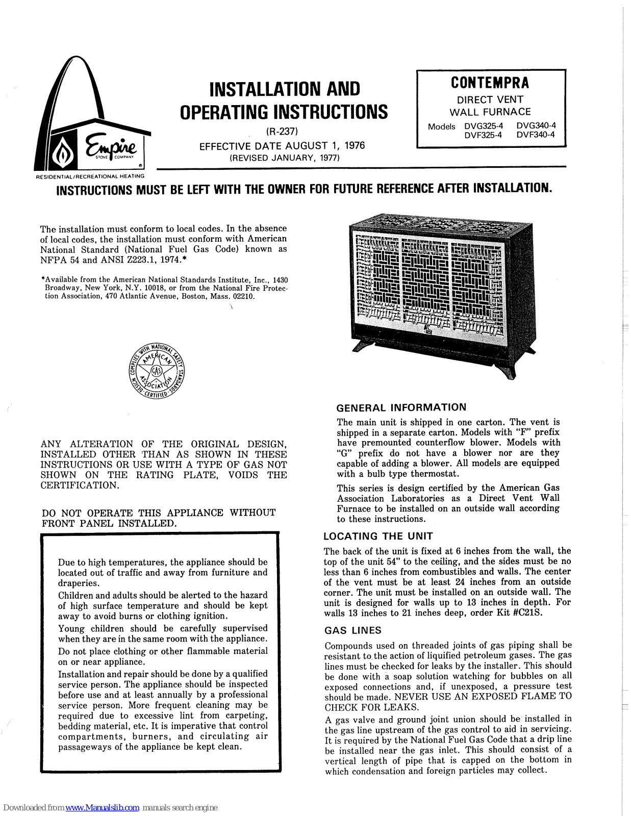 Empire Contempra DVG325-4, Contempra DVF325-4, Contempra DVG340-4, Contempra DVF340-4 Installation And Operating Insctructions