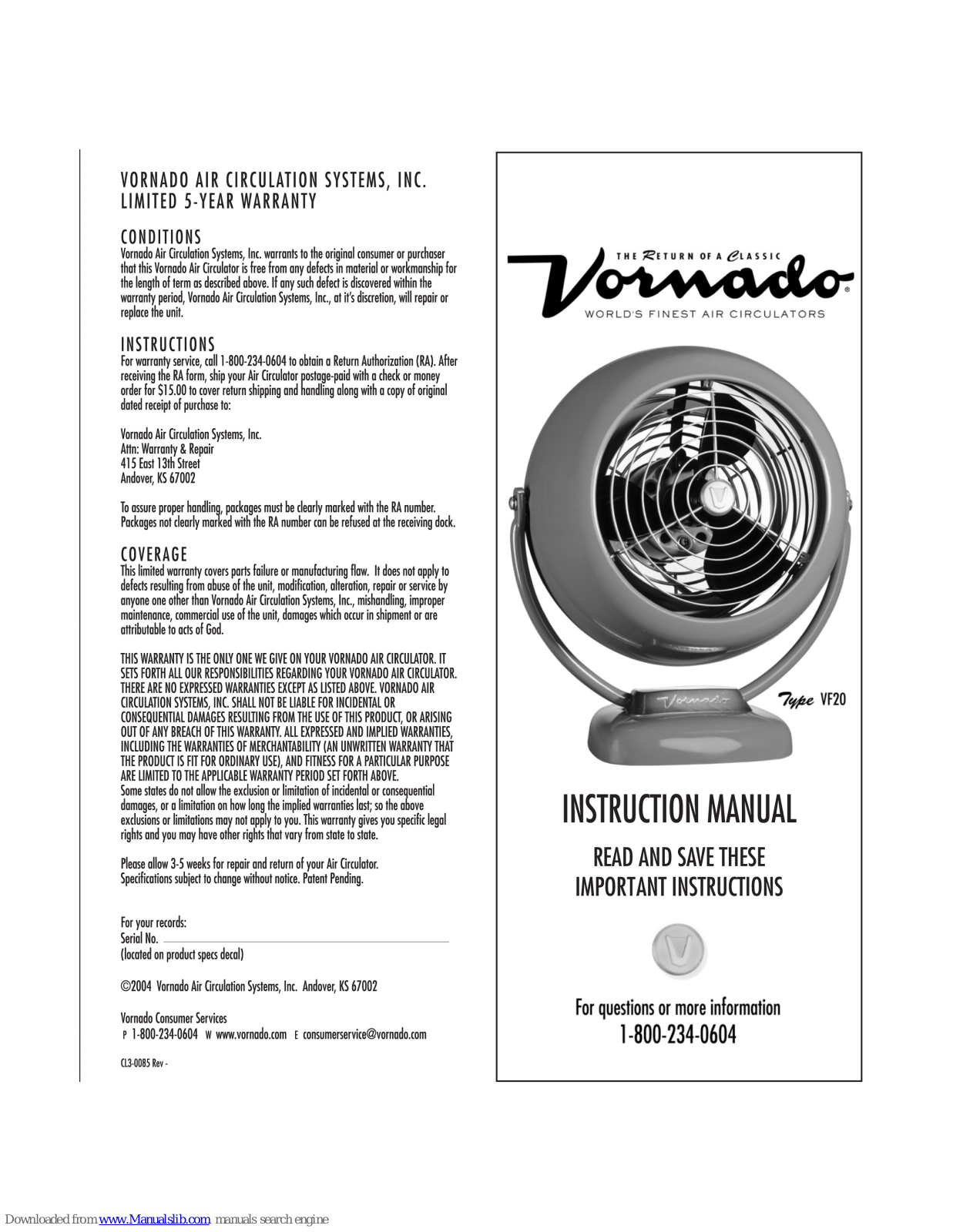 Vornado Type VF20 Instruction Manual