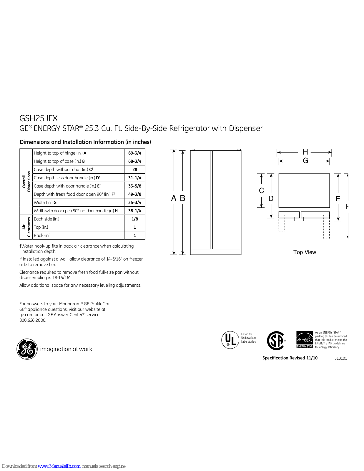 GE GSH25JFXBB - 25 cu. Ft. Refrigerator, GSH25JFXCC - r 25.0 cu. Ft. Refrigerator, ENERGY STAR GSH25JFX Dimensions And Installation Information