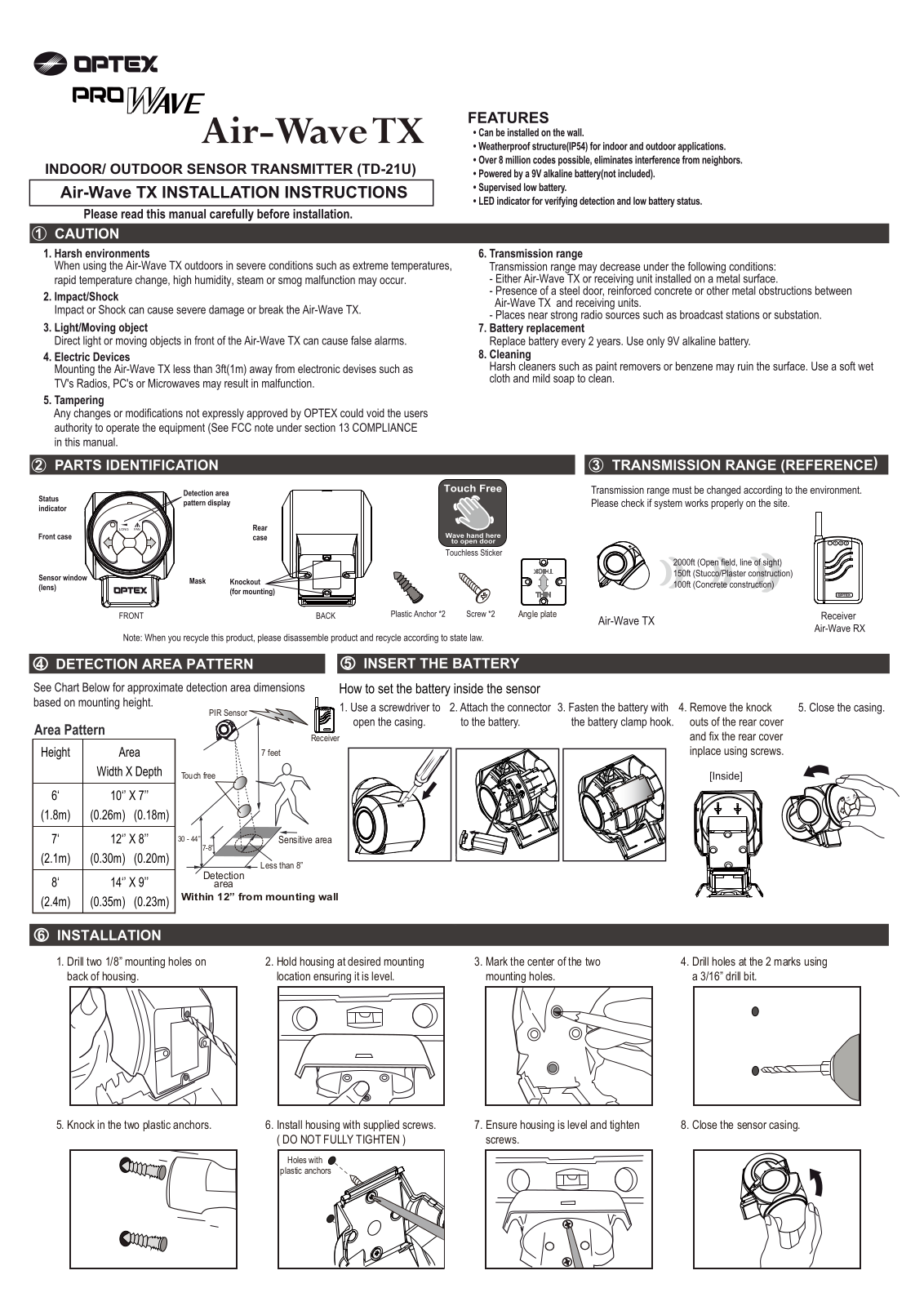 Optex PRO WAVE, Air-Wave TX Installation Instructions Manual