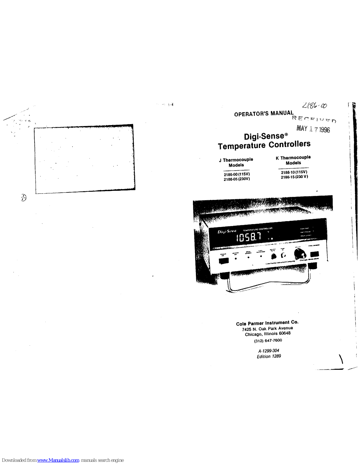 Cole Parmer Digi-Sense 2186-00, Digi-Sense 2186-05, Digi-Sense 2186-10, Digi-Sense 2186-15 Operator's Manual