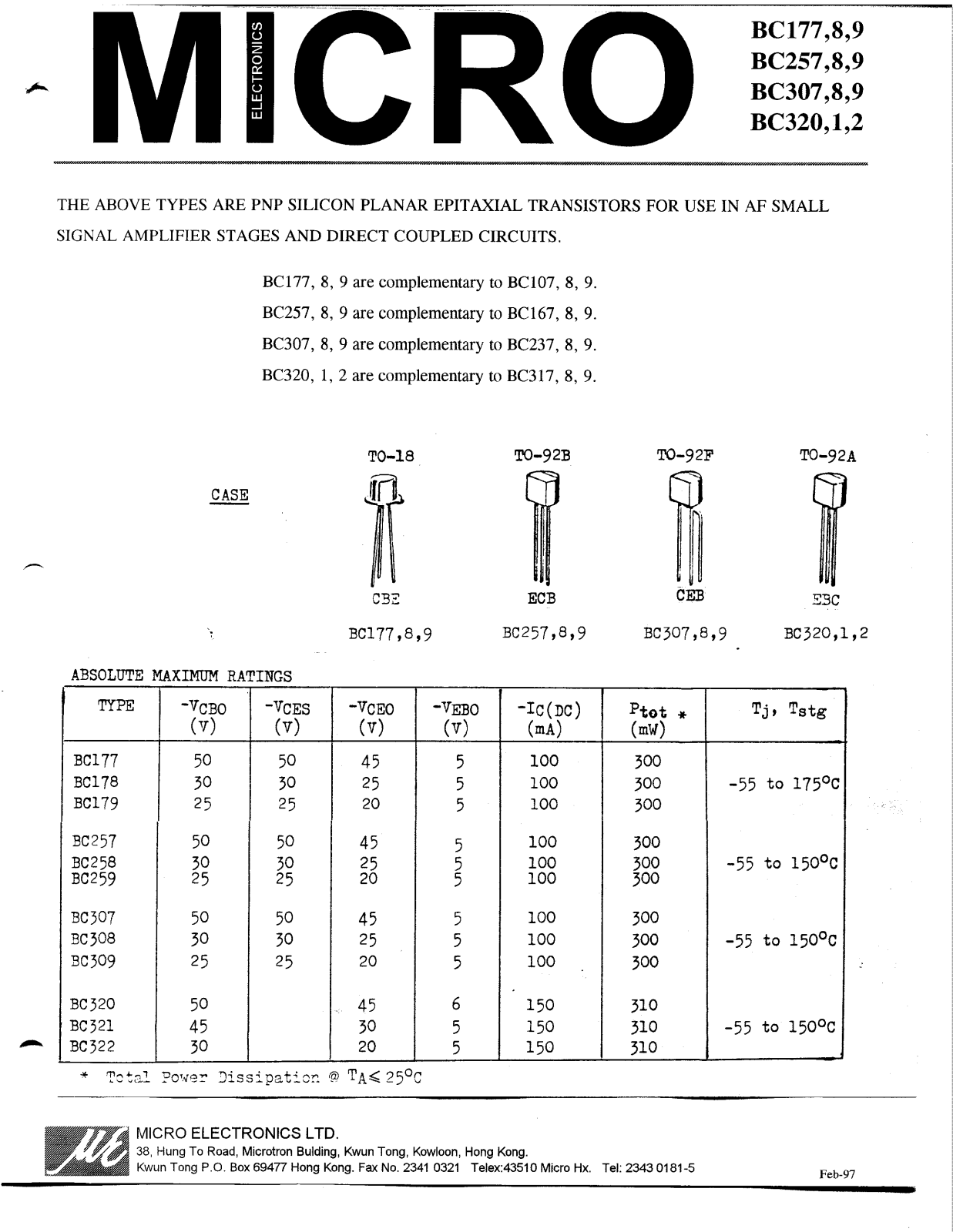 ME BC259, BC258, BC257, BC322, BC321 Datasheet