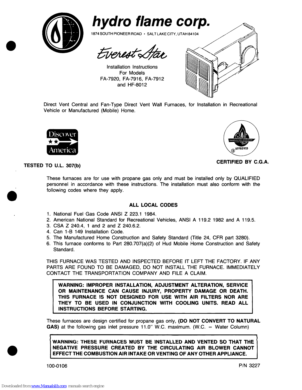 Hydro Flame FA-7920, FA-7916, HF-8012, FA-7912 Installation Instructions Manual