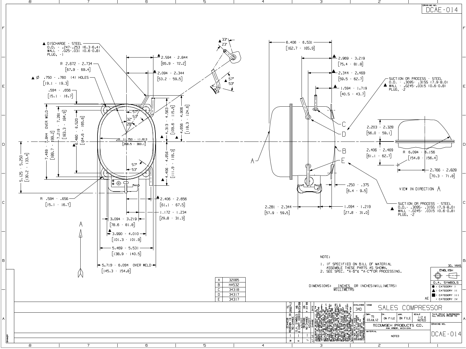 Tecumseh AEA1336AXA, AEA3414AXA, AEA3414YXA Drawing Data