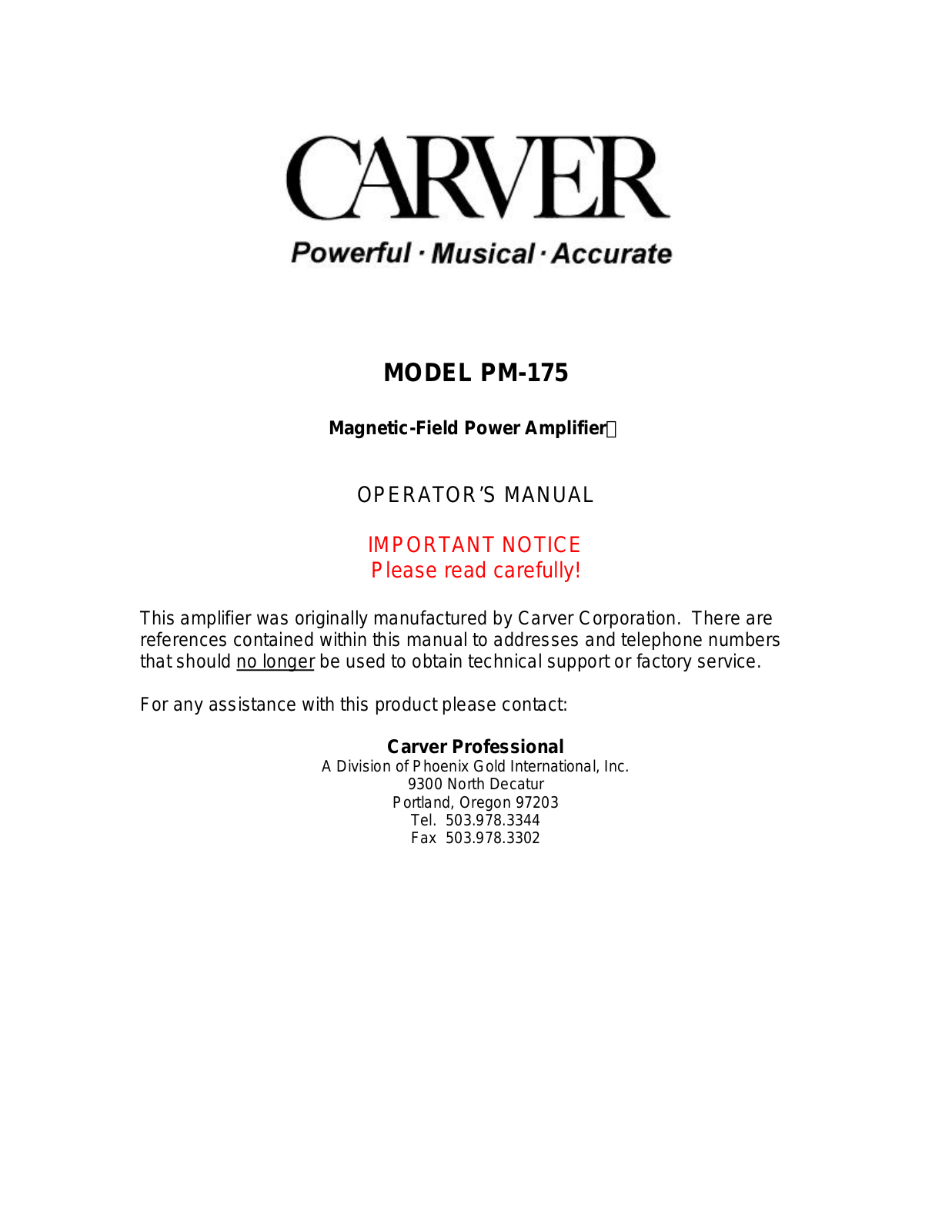 Carver PM-175 Owners manual