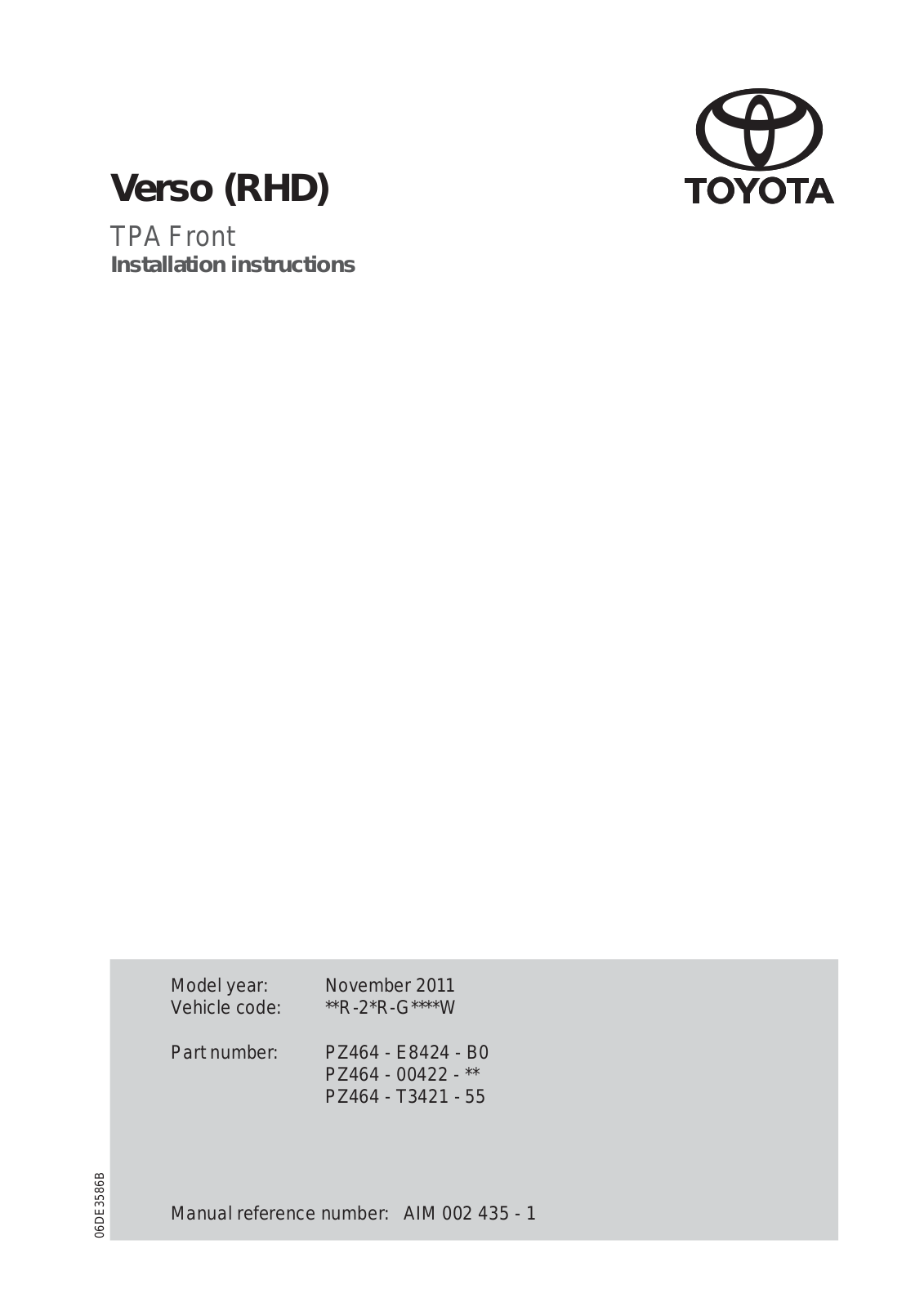 Toyota Verso 2011 Installation Instructions Manual