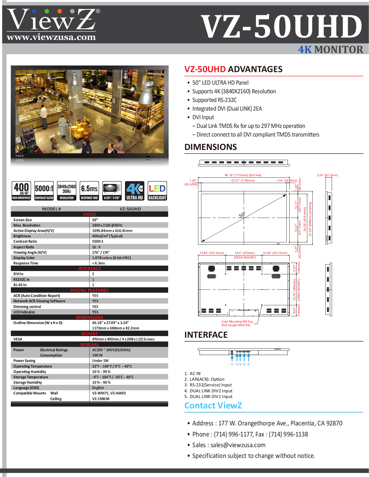 ViewZ VZ-50UHD Specsheet