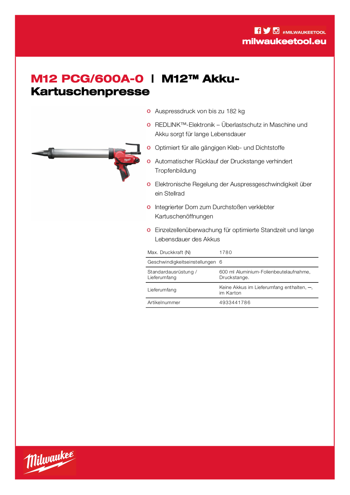 Milwaukee M12 PCG-600A-0 Technical data