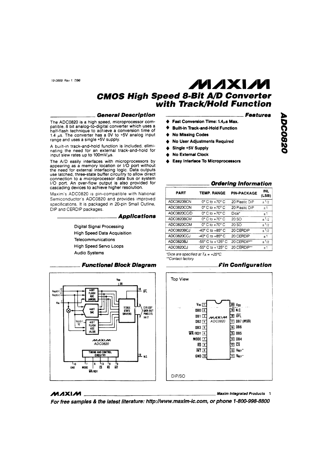 Maxim Integrated Producs ADC0820BJ, ADC0820BCN, ADC0820BCM, ADC0820BCJ, ADC0820CJ Datasheet