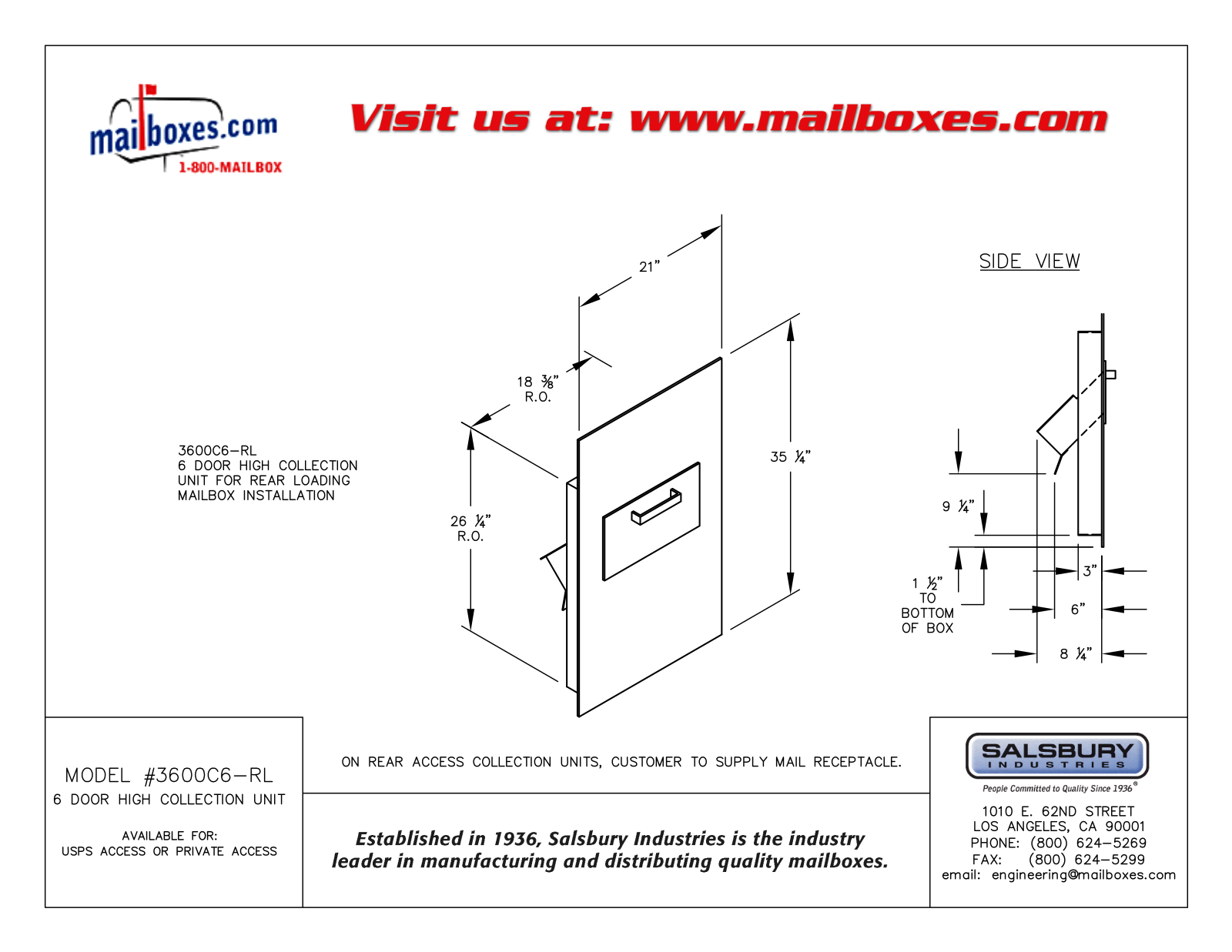 Salsbury Industries 3600C6GRU, 3600C6ARU, 3600C6ARP, 3600C6GRP, 3600C6SRP User Manual