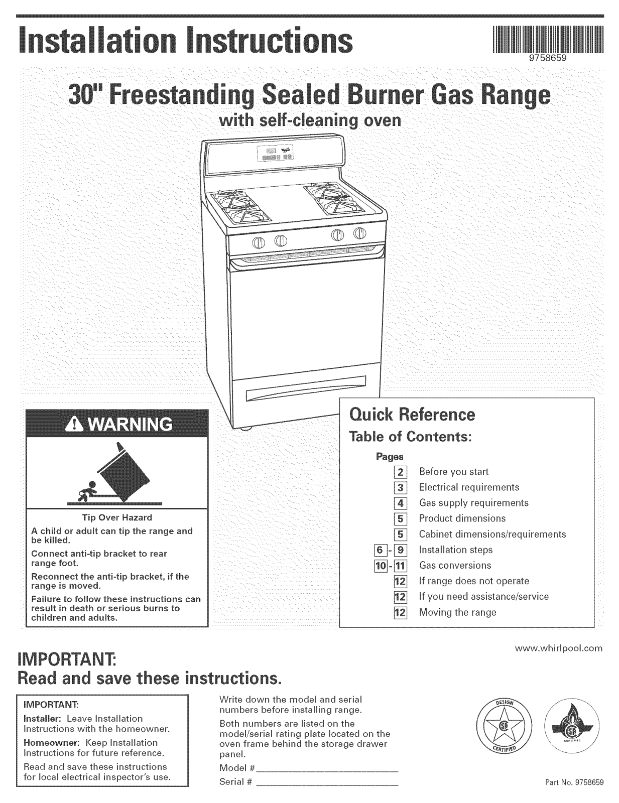 Whirlpool SF380LEMT1, SF380LEMQ0, SF380LEMQ1, SF379LEMS0, SF369LEMT1 Installation Guide - ManualMachine.com