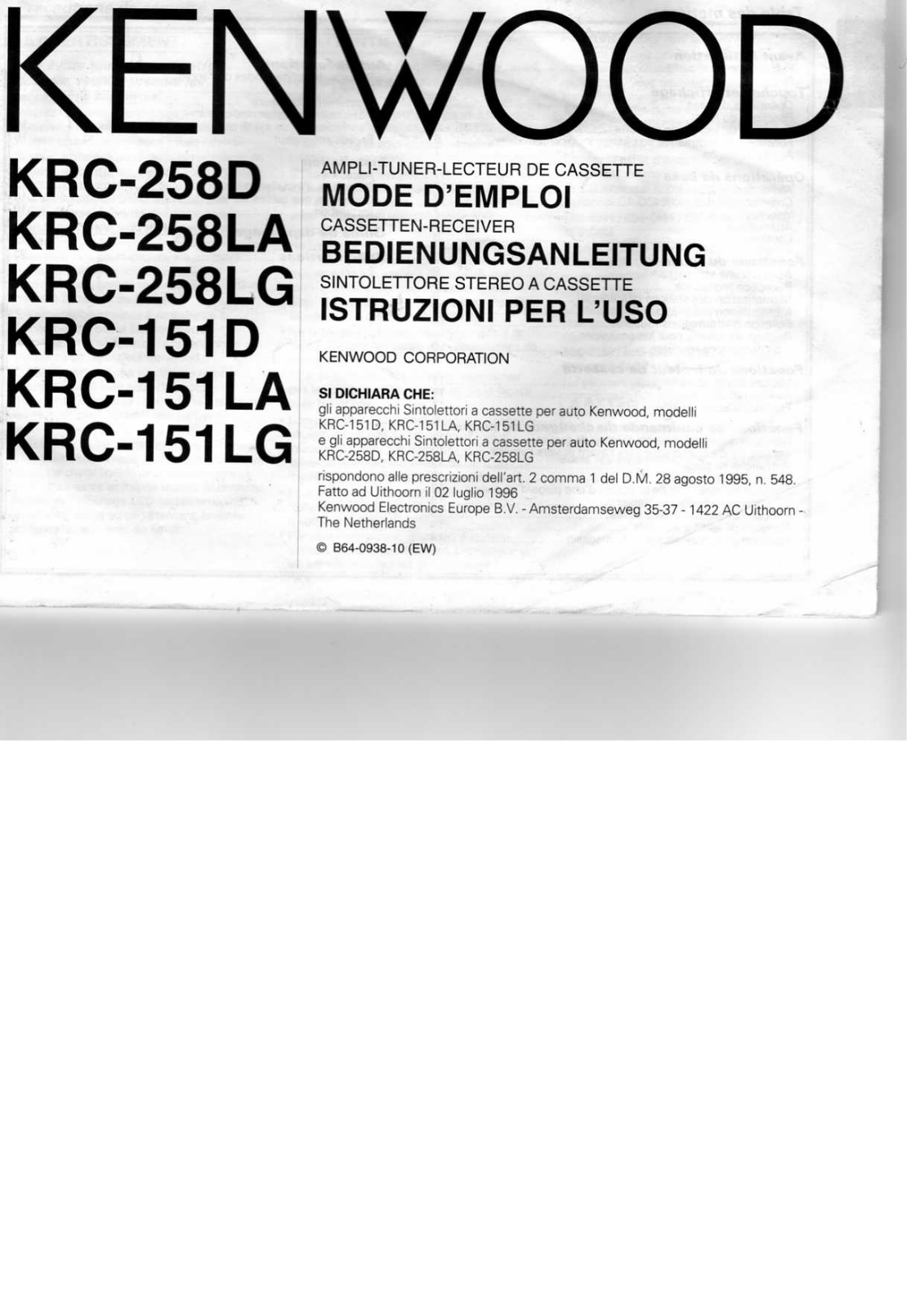 KENWOOD KRC-151LG, KRC-258 LA User Manual