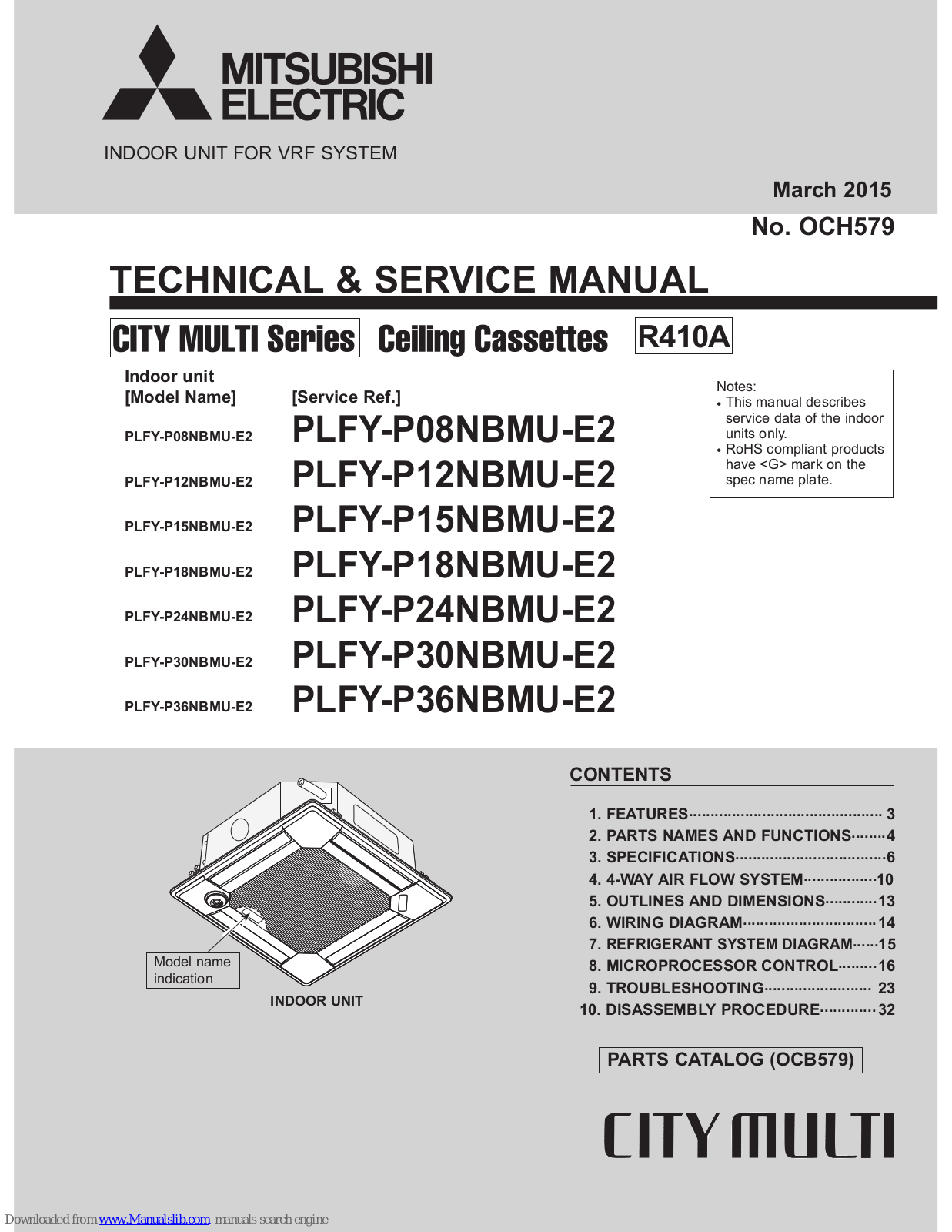 Mitsubishi Electric PLFY-P08NBMU-E2, PLFY-P12NBMU-E2, PLFY-P15NBMU-E2, PLFY-P30NBMU-E2, PLFY-P36NBMU-E2 Service Manual