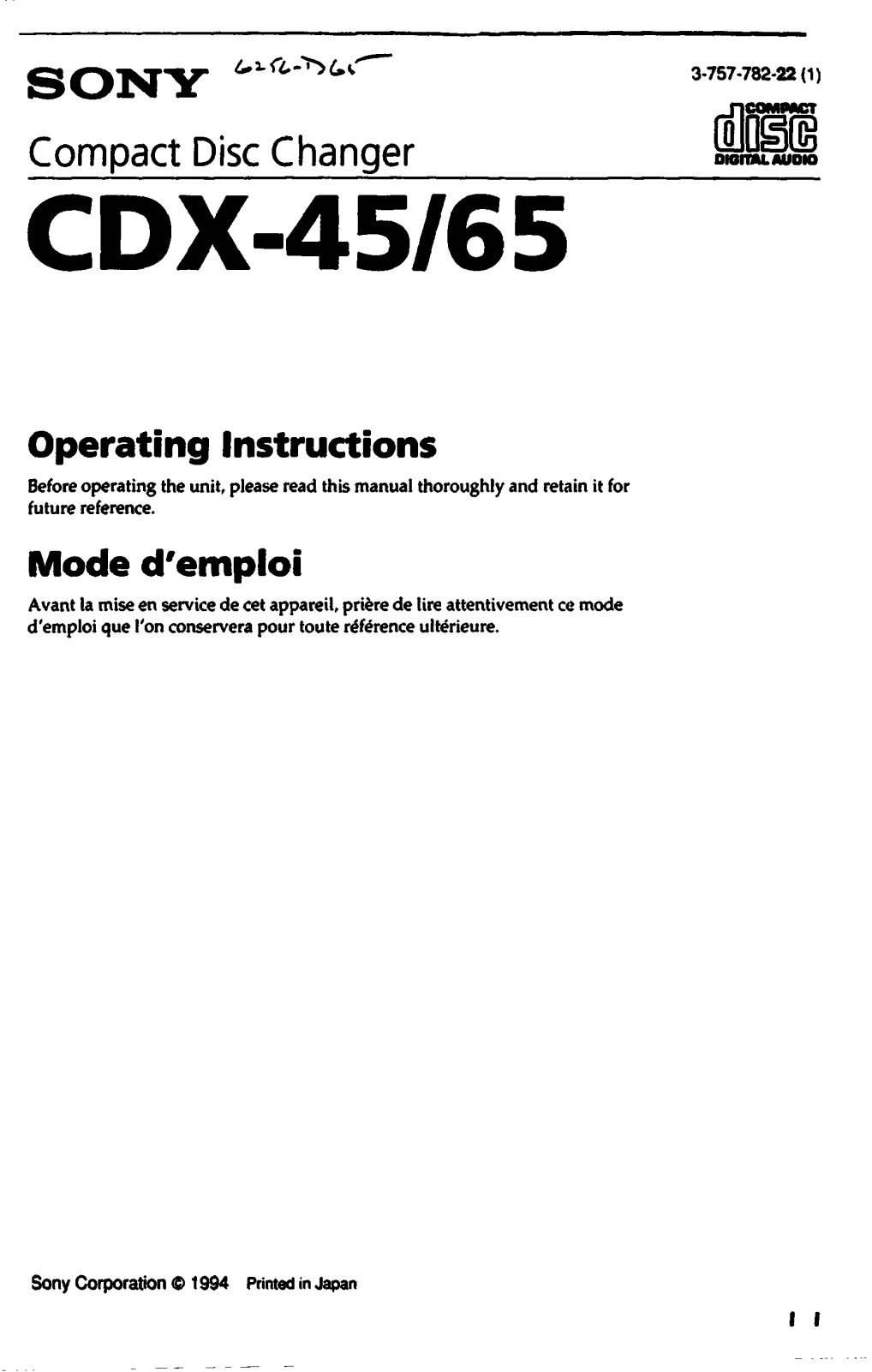 Sony CD-X45 User Manual