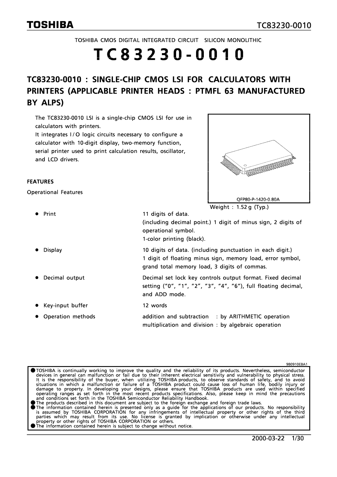 TOSHIBA TC83230-0010 Technical data