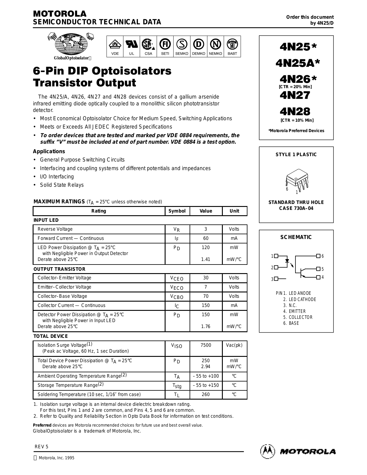 Motorola 4N28, 4N27, 4N26, 4N25A, 4N25 Datasheet