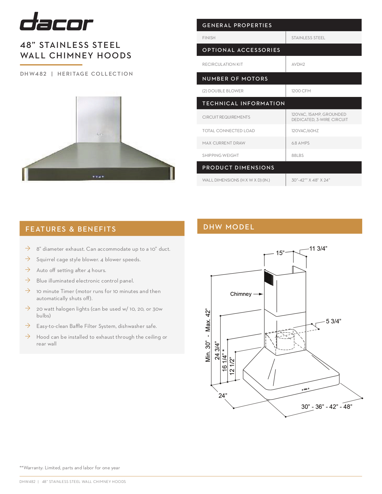 Dacor DHW482, DHW301, DHW361 Specifications