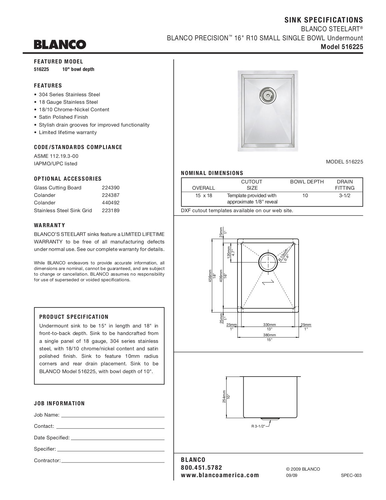 Blanco 516225 Specs