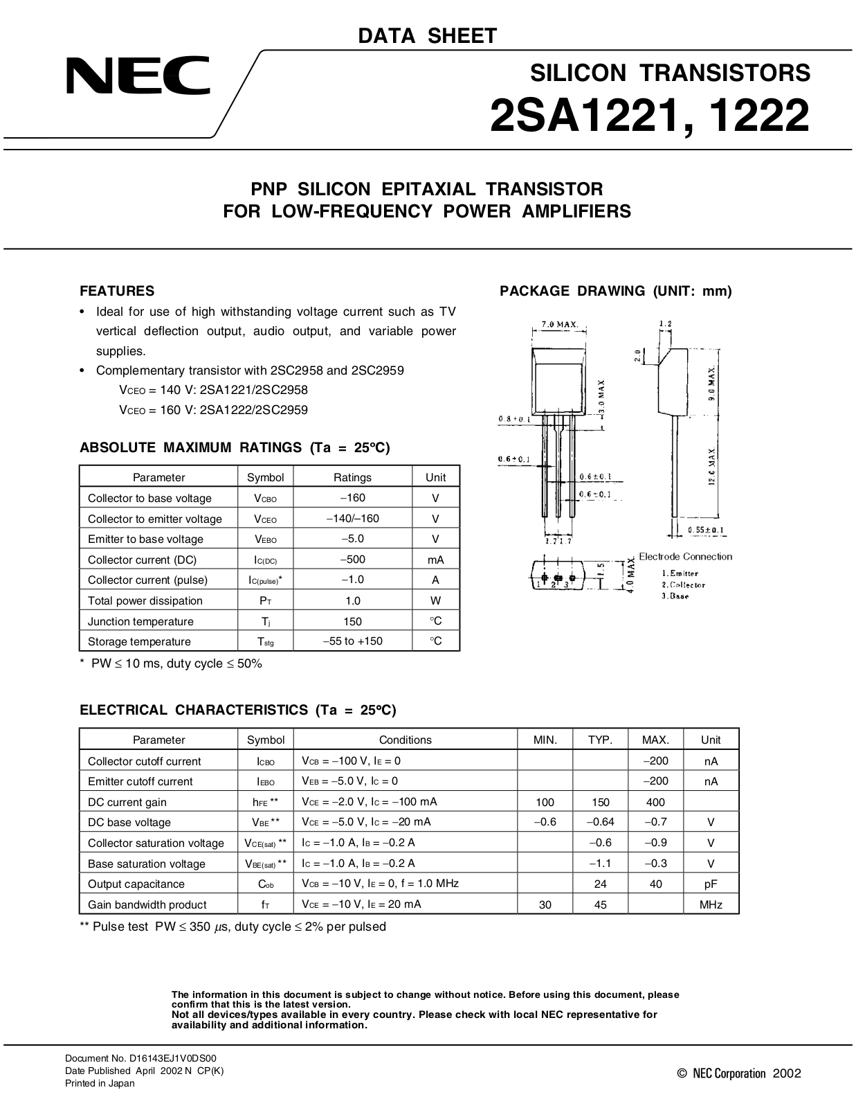 NEC 2SA1221, 2SA1222 Technical data